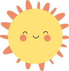 A whimsical illustration of a smiling, yellow sun with warm orange rays radiating outward. Cheerful design evokes positivity and summer.