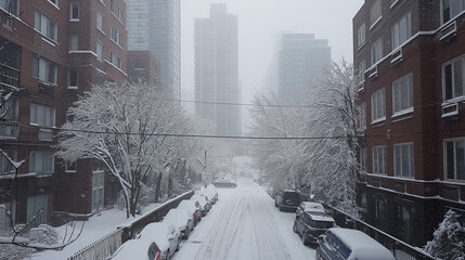 Snow-covered urban street between tall brick buildings during a heavy winter snowfall