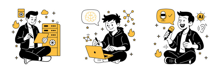 managing server infrastructure, coding machine learning models, and testing voice recognition in flat cartoon style Vector illustration