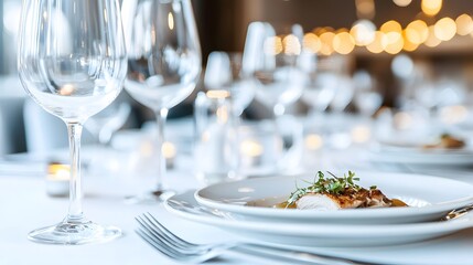 Elegant Dining Table Set with Gourmet Dish and Fine Glassware in a Sophisticated Restaurant