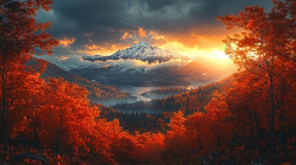 Naklejka premium Autumn sunrise over mountain lake