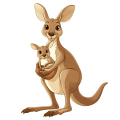 A Cartoon Kangaroo with Joey in Pouch Isolated on Transparent Background