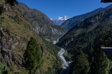 Landscape of Himalaya, Panoramic view of Himalayan mountain covered with snow. Himalaya mountain landscape in winter at Kedarnath valley.