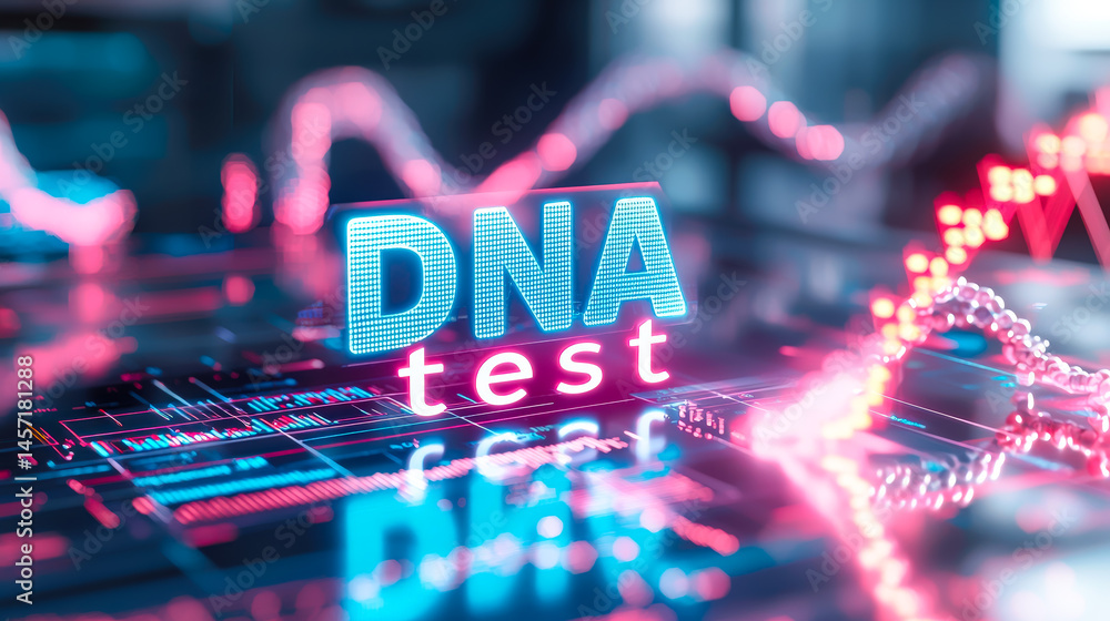 Poster Innovative technology used for DNA testing detailed in a laboratory setting with digital data visualization