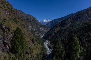 Landscape of Himalaya, Panoramic view of Himalayan mountain covered with snow. Himalaya mountain landscape in winter at Kedarnath valley.