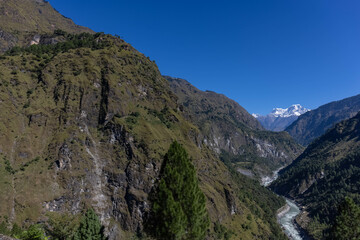 Landscape of Himalaya, Panoramic view of Himalayan mountain covered with snow. Himalaya mountain landscape in winter at Kedarnath valley.