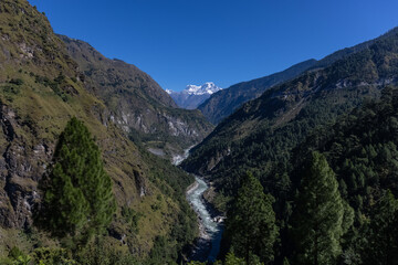Landscape of Himalaya, Panoramic view of Himalayan mountain covered with snow. Himalaya mountain landscape in winter at Kedarnath valley.