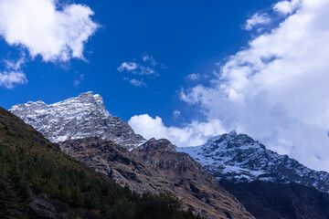 Landscape of Himalaya, Panoramic view of Himalayan mountain covered with snow. Himalaya mountain landscape in winter at Kedarnath valley.