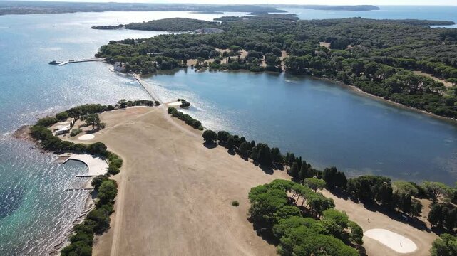 Aerial footage of the Brijuni archipelago in the Adriatic Sea, Croatia, Europe. Drone video, sea, islands, summer.