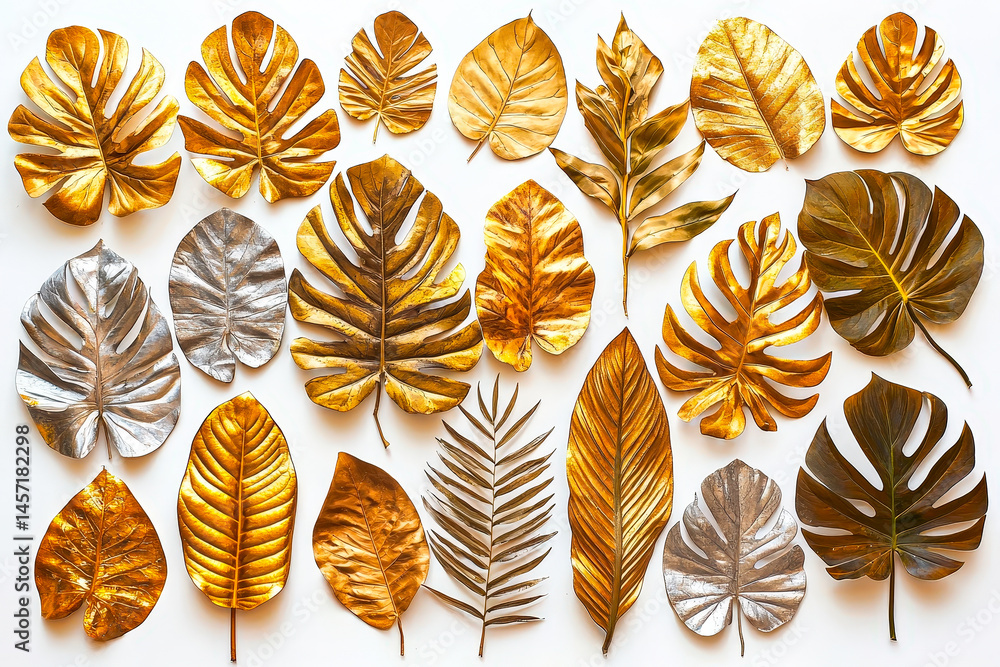 Poster various gold and silver leaves are intricately arranged on a white background, highlighting their un