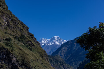 Landscape of Himalaya, Panoramic view of Himalayan mountain covered with snow. Himalaya mountain landscape in winter at Kedarnath valley.