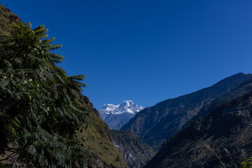 Landscape of Himalaya, Panoramic view of Himalayan mountain covered with snow. Himalaya mountain landscape in winter at Kedarnath valley.