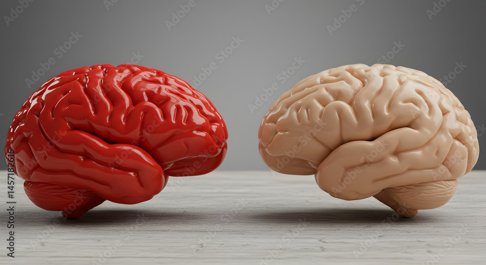 Poster stylized voxel brains in red and beige on gray wood surface symbolizing mental health and neurology 