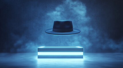A floating navy blue hat in a futuristic product showcase, illuminated by soft ambient.