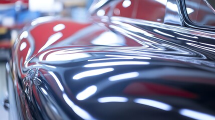 Shiny black car detailing closeup smooth surface reflections body dark metal paint clean curve light