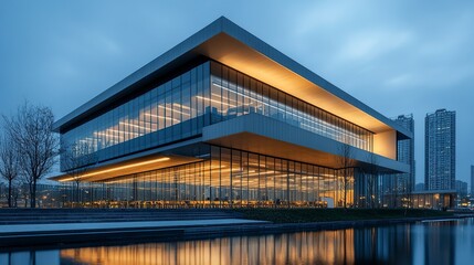 Obraz premium Modern office building exterior sleek glass facade inside visible meeting rooms active workspaces wide cityscape perspective. 