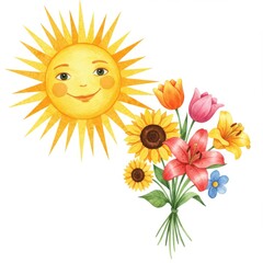 Smiling Sun and Colorful Spring Flower Bouquet