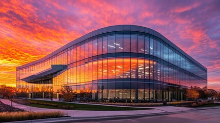 Fototapeta premium Modern office building glowing in the warm hues of a sunset, its reflective glass walls capturing the vibrant colors of the sky. 