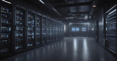 Sleek server room interior, glowing network lights ,  cyber security,  system security,  information technology