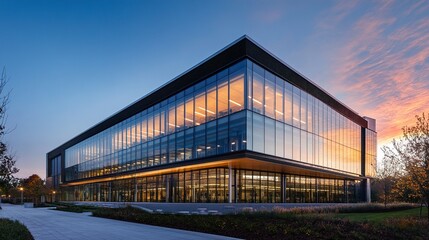 Obraz premium Modern office building glowing softly in the gentle light of sunrise, its glass walls reflecting the warm hues of the morning sky. 