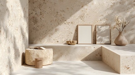 Minimalist Interior Design Featuring Neutral Tones and Textured Surfaces in a Serene Space