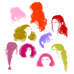 Flat Vector Set of Female Hairstyles in Color – Wavy, Curly and Braided Hair Silhouettes. Minimalist drawing. Fashion illustration of long and short  Haircuts for women with eyebrows