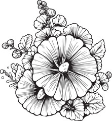 Fototapeta premium Birth flower vector illustration, beautiful Hollyhock flower wall decor, hand-drawn coloring pages Hollyhock flower drawing of artistic Hollyhock flower engraved ink art, Hollyhock flower tattoo art