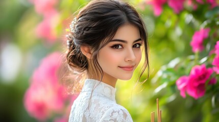 Naklejka premium Beautiful woman with flowers in background. Delicate smile, soft focus