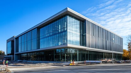 Obraz premium Modern office building under construction, with incomplete exterior cladding and visible architectural framework, capturing the dynamic construction phase. 