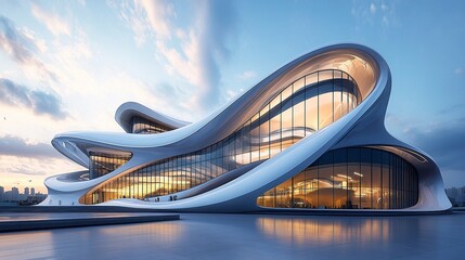 Modern office building with a futuristic, wavy design, low-angle perspective focusing on flowing glass and steel architecture with the sky above.  