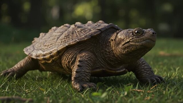 Alligator snapping turtle walking in natural habitat