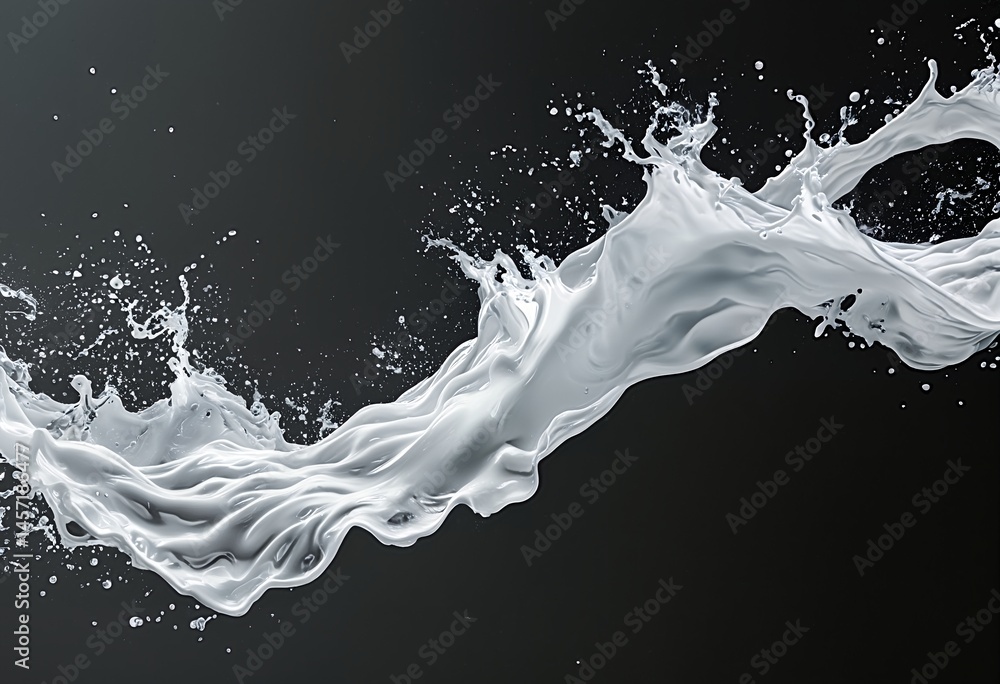 Poster a dynamic splash of white liquid curves and sprays against a stark black background, creating a visu