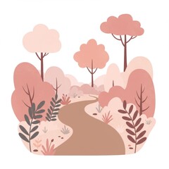 Winding Path Through a Pastel Pink Forest Illustration