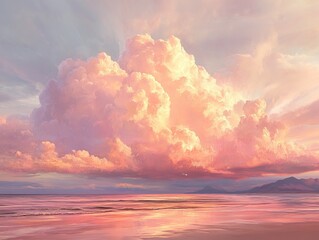 Fototapeta premium Dramatic pink and purple sunset over a calm beach with distant hills, low tide, and scattered seaweed reflecting the vibrant sky on wet sand.