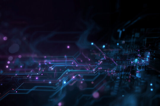 A futuristic, abstract digital environment resembling a glowing circuit board. The image features neon blue and purple lights, interconnected lines, and a dark, high-tech atmosphere, symbolizing moder