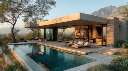 Fototapeta premium Modern house with mountain views and outdoor swimming pool luxury lifestyle