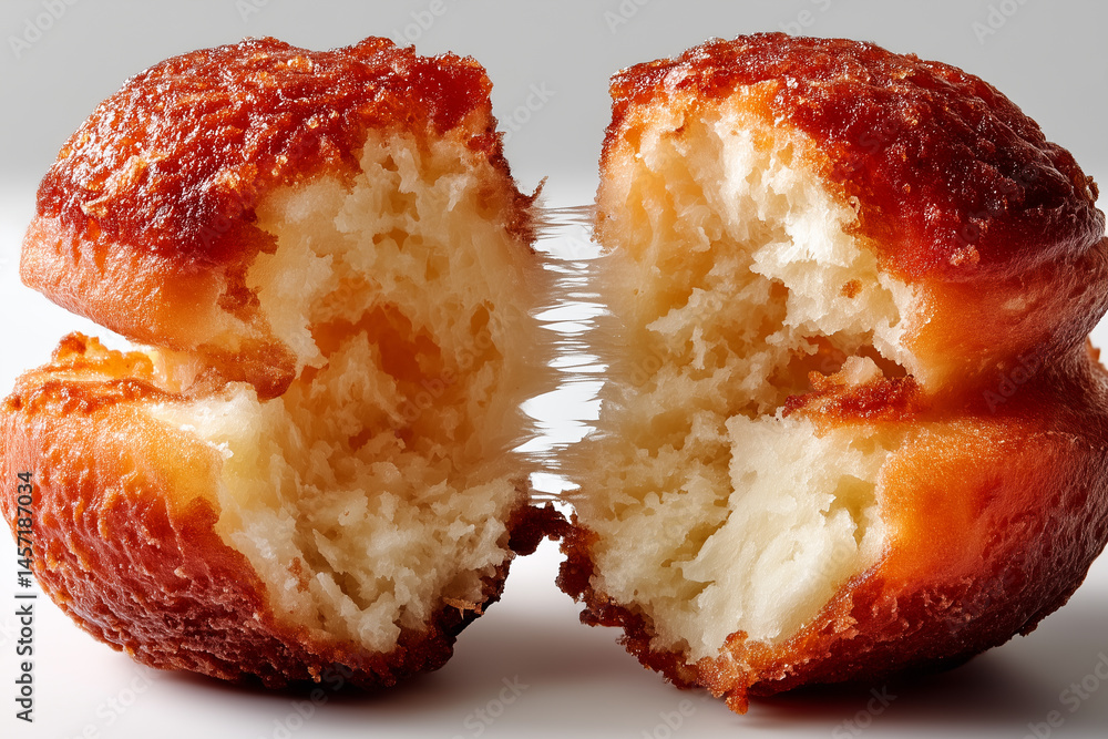 Poster split open donut displaying smooth creamy filling in minimalist style. clean white background accent