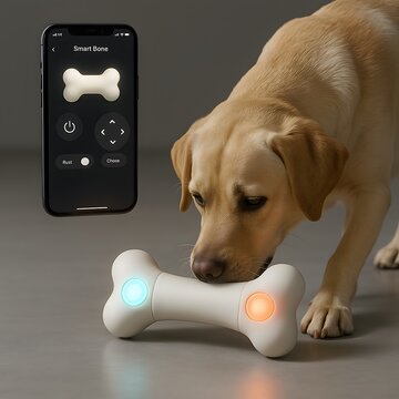 Smart Chewable Bone Toy for Dogs with App Control and LED Lights - Labrador Interaction on Minimal Background