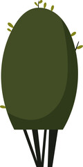 Stylized, cartoon-like tree with a spherical, olive-green canopy and dark trunks. The illustration is simple and eye-catching.