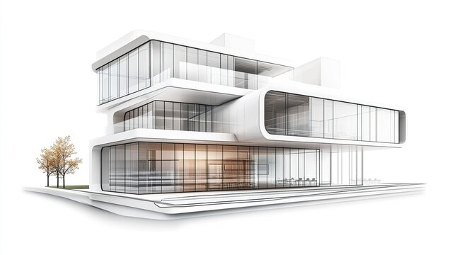 Modern office laboratory design in sticker format, featuring sleek, futuristic architecture with clean outlines against a white background.  