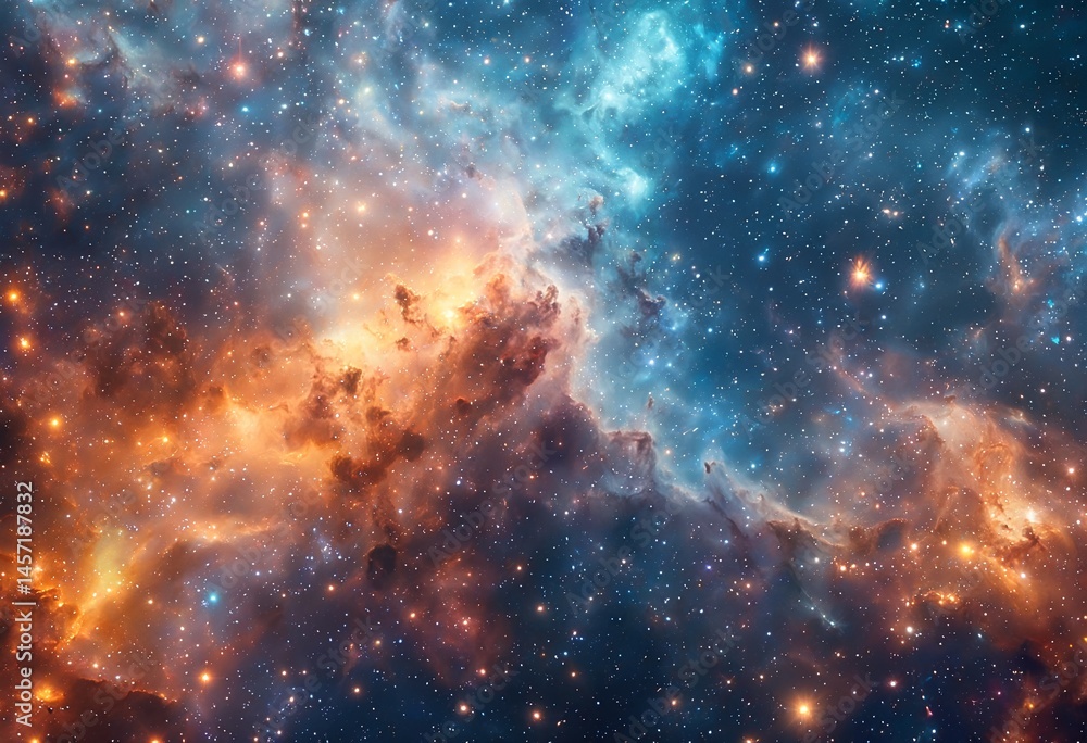 Poster a vibrant and detailed view of a nebula showcasing swirling clouds of ionized gases and newly formed