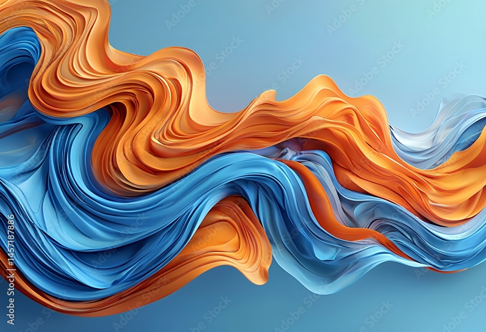 Poster a dynamic abstract flow of vibrant orange and blue ribbons intertwines against a serene cyan backgro