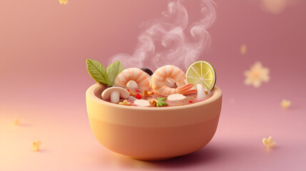 Colorful 3D food illustration of steaming tom yum soup with shrimp, mushrooms, lime, and herbs in a pastel yellow bowl, floating against a dreamy pink background.