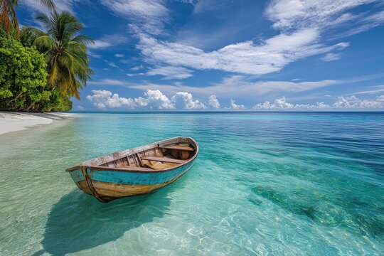 Tranquil turquoise waters embrace a weathered boat, nestled by a pristine, palm-fringed beach.  Bright blue sky above - Powered by Adobe