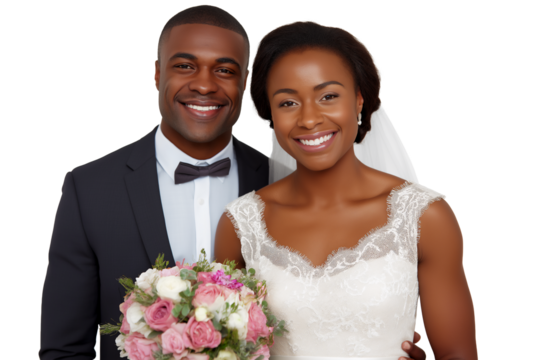 Smiling African-American bride and groom, embracing and holding bouquet, isolated on white or transparent background