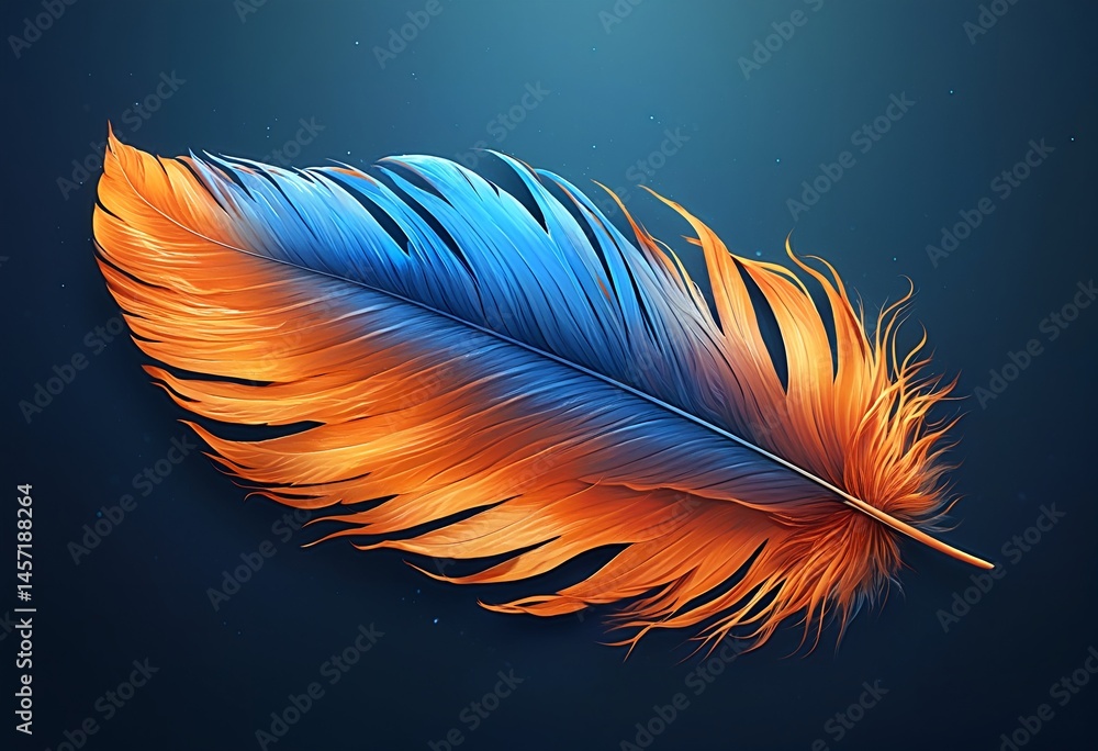 Poster a strikingly vibrant feather displaying a gradient of fiery orange transitioning into deep blue rest