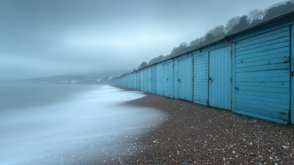 Blue beach huts on a misty, stormy shore.  Waves gently crash on the pebble beach