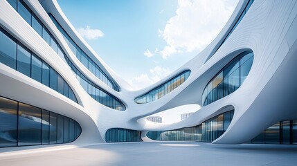 Fototapeta premium Modern urban apartment complex with smooth surfaces, geometric patterns, and large windows, under clear, bright skies. 