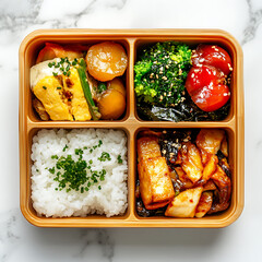 Close-up of A Japanese bento lunchbox with neat food sections