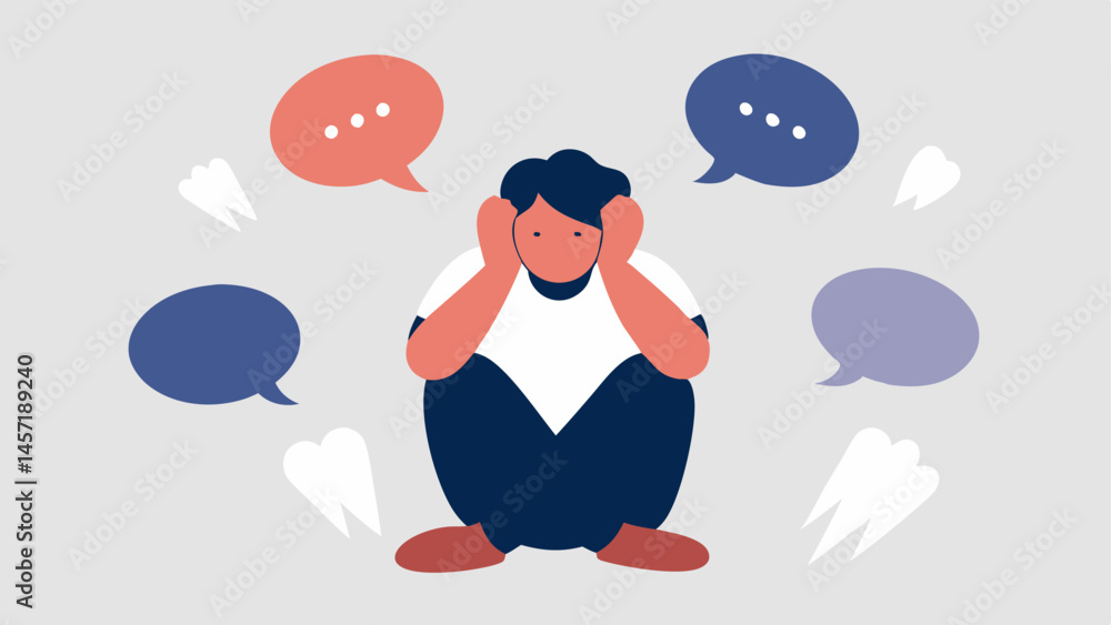 Poster covering ears an individual sitting with their hands over their ears looking distressed while speech